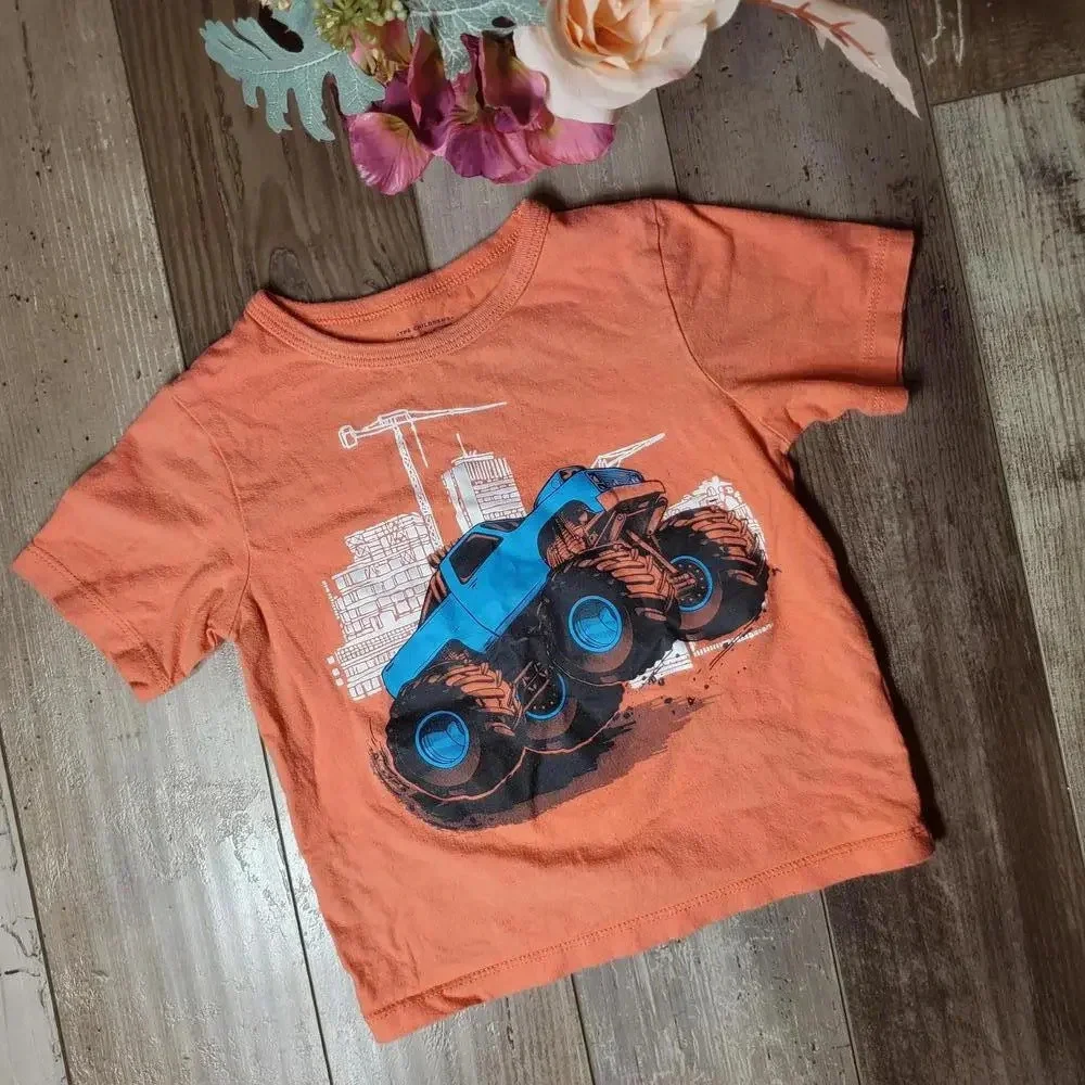The Children's Place Toddler Boy Size 2T Orange Monster Truck Cotton T-Shirt EUC